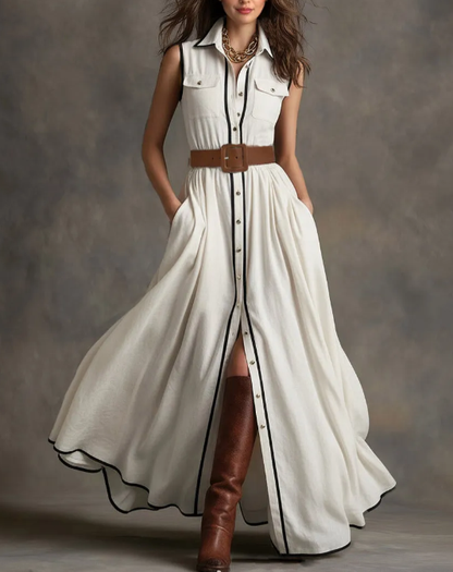 Robe chemise longue ceinturée à passepoils contrastés