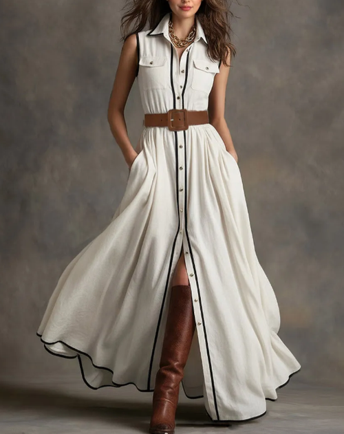 Robe chemise longue ceinturée à passepoils contrastés
