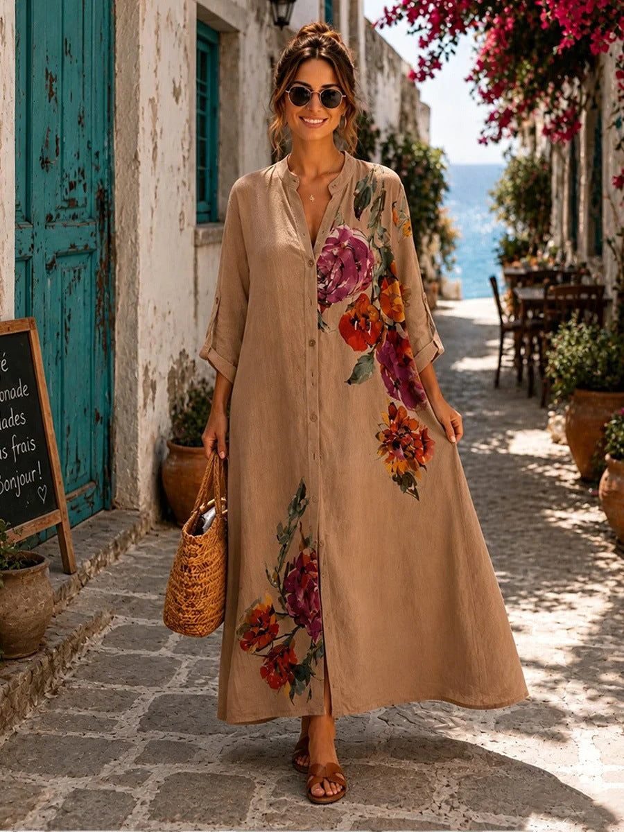 Robe longue boutonnée en lin à imprimé floral