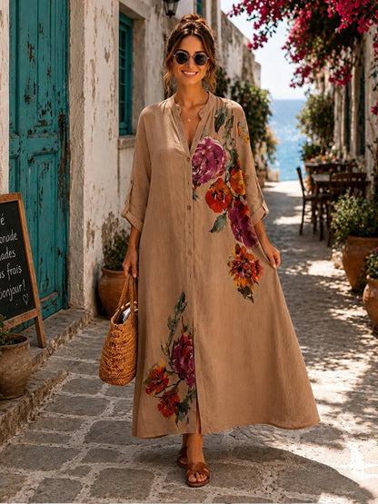 Robe longue boutonnée en lin à imprimé floral