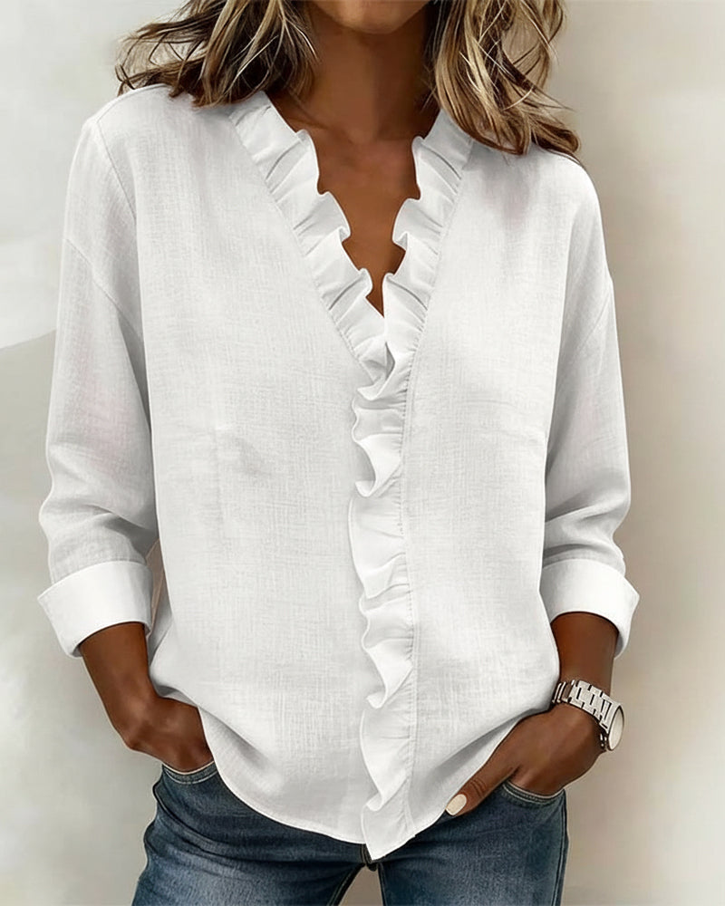 Blouse à manches longues, col V, à volants
