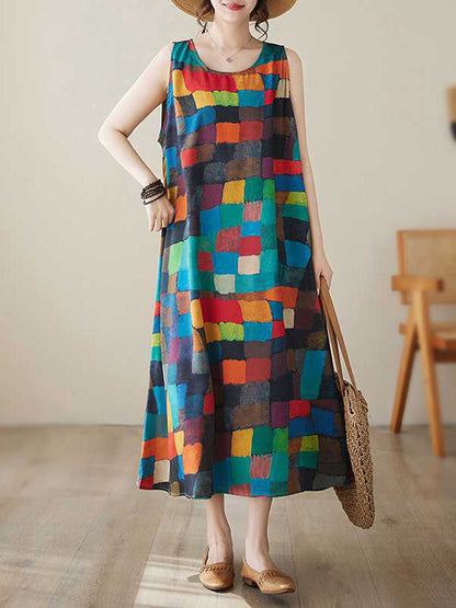 Robes midi à col rond, sans manches amples, à carreaux multicolores contrastés