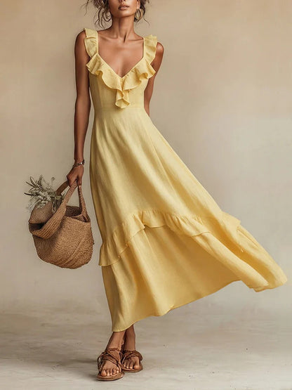 Robe longue maxi en mélange de lin à volants