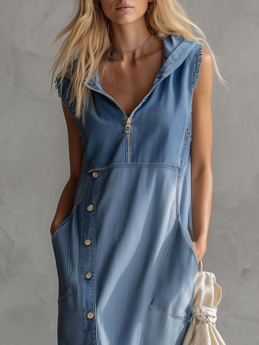 Casual and chic vintage blue denim midi dress with hood, V-neck, zip closure, side slits and buttons