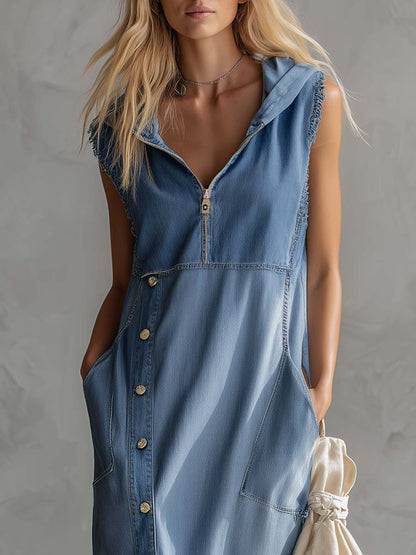 Casual and chic vintage blue denim midi dress with hood, V-neck, zip closure, side slits and buttons
