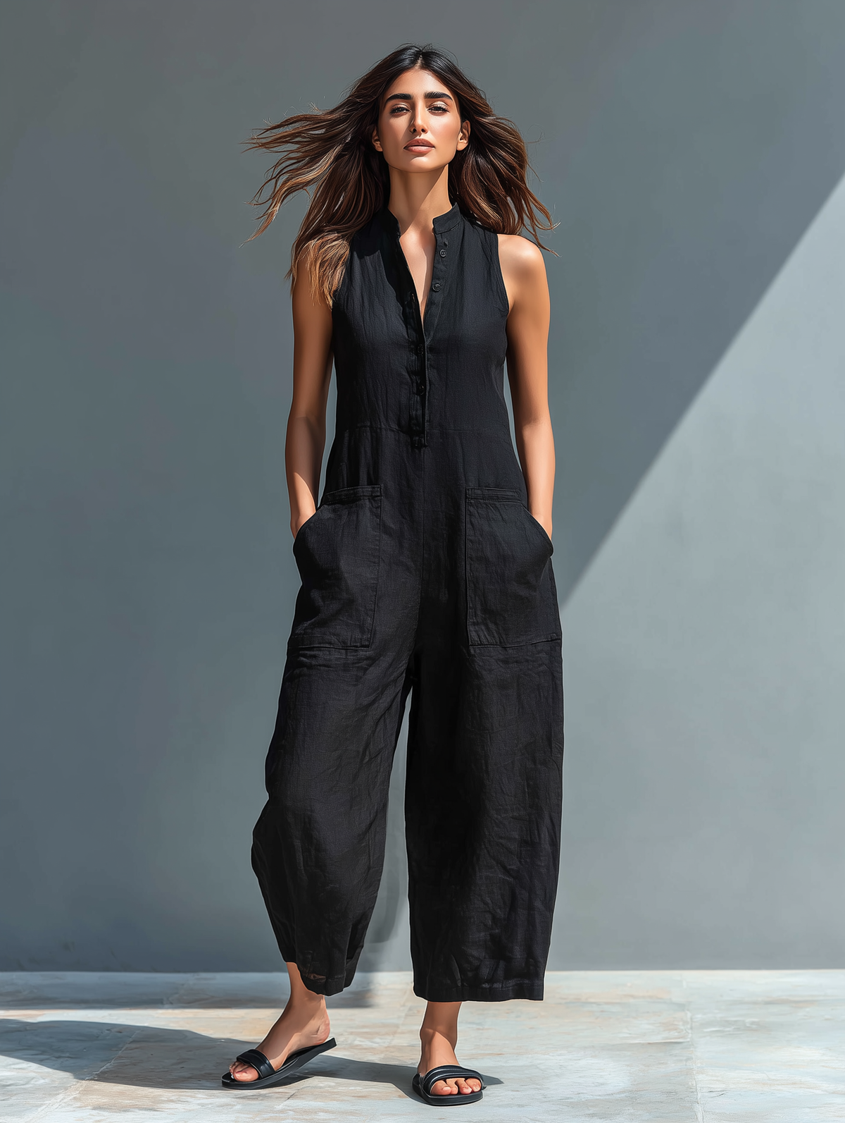 Combinaison sans manches ample boutonnée à col montant en mélange de lin minimaliste pour femme