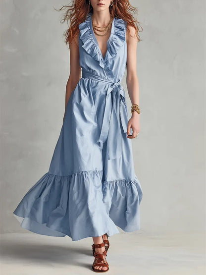 🌿 Robe longue portefeuille à volants et col en V