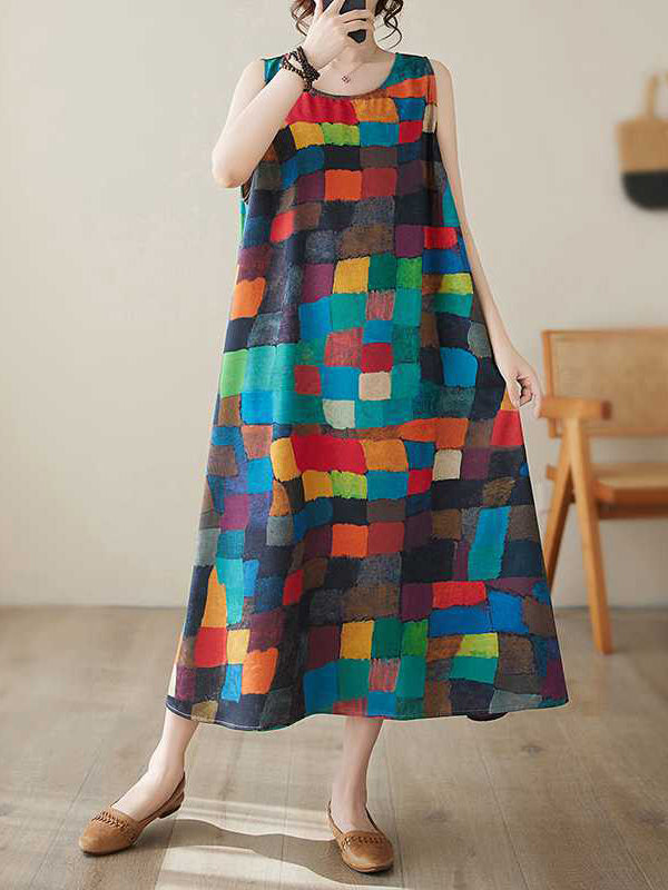 Robes midi à col rond, sans manches amples, à carreaux multicolores contrastés
