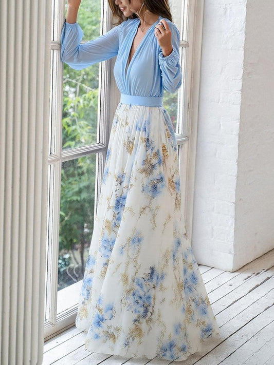 Robe longue imprimée de fleurs avec col en V, absolument magnifique