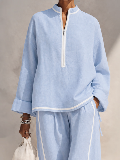 Ensemble ample femme en lin bleu clair avec haut col montant mi-zippé et pantalon large