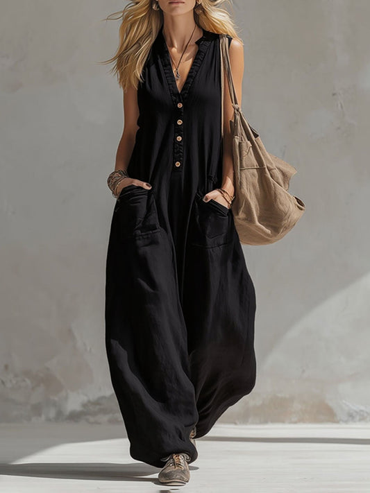 Sleeveless V-neck jumpsuit, solid color, wide leg, with buttons and pockets