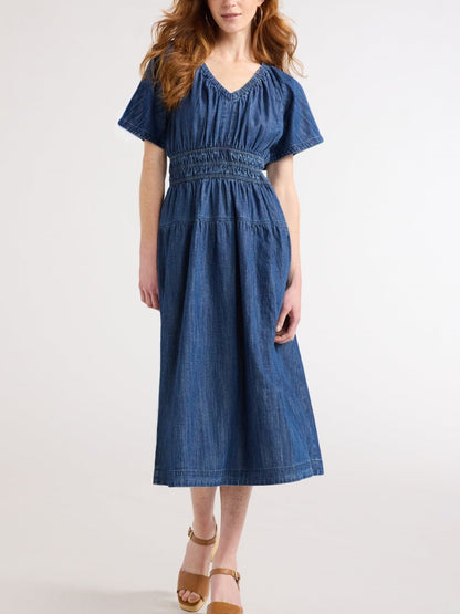 Casual women's light denim ruffled midi dress, on sale