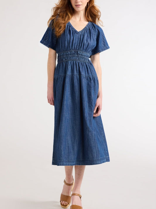 Robe midi décontractée femme en jean léger à volants, en promotion