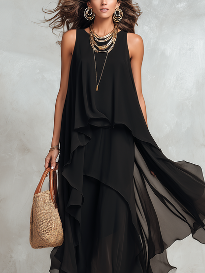 Robe longue bohème en mousseline de soie noire à étages