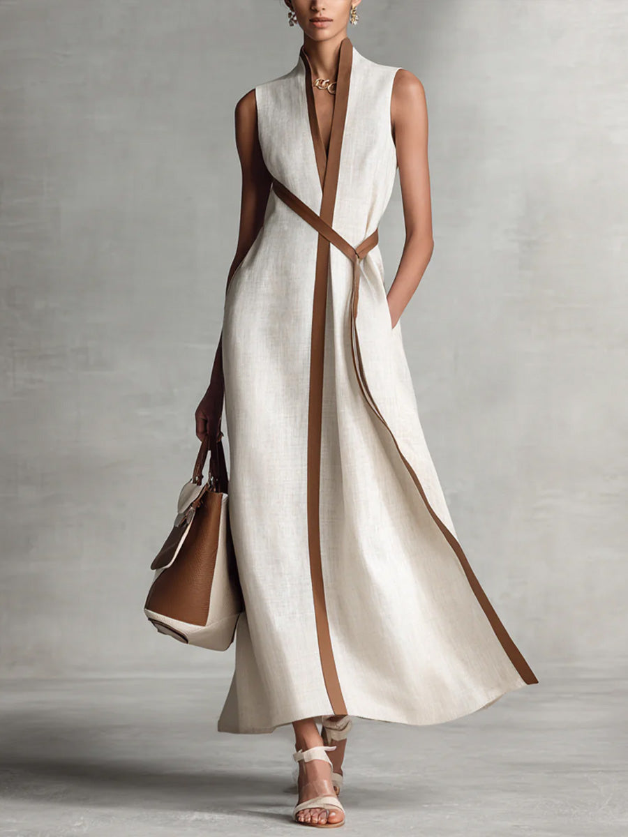 Robe décontractée sans manches ample en coton et lin à col montant pour femme
