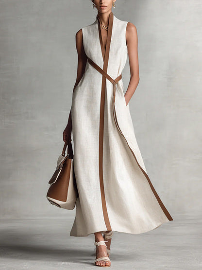 Robe décontractée sans manches ample en coton et lin à col montant pour femme
