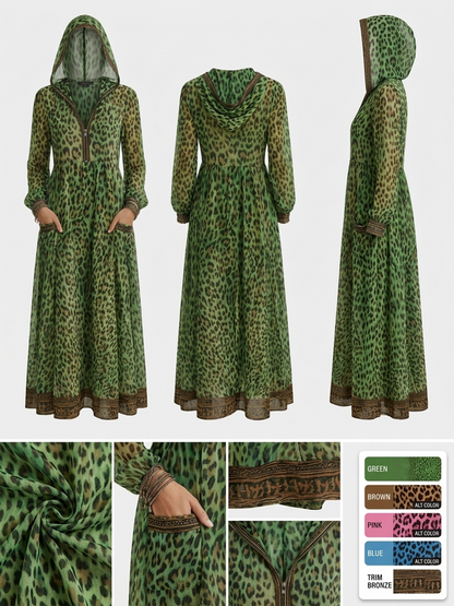 Robe midi à capuche pour femme style rétro décontracté imprimé léopard