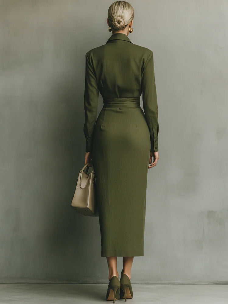 Army green cotton blend long dress