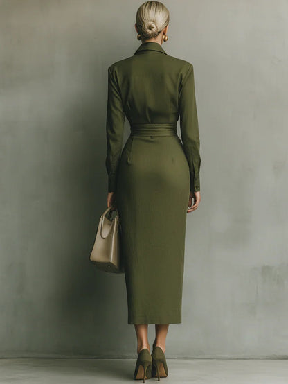 Army green cotton blend long dress