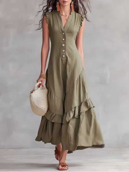 Robe longue sans manches à volants et col en V