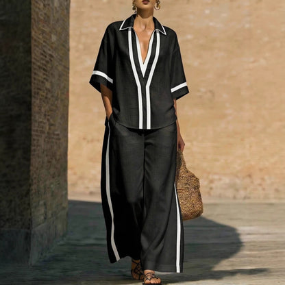 Ensemble deux‑pièces à blocs de couleurs tendance : chemise décontractée à manches courtes et pantalon à jambes larges