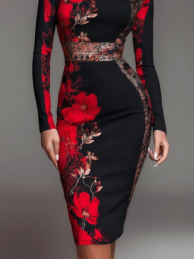 Robe midi en jersey à col montant élégant, manches longues