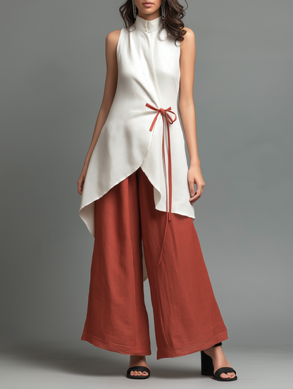 Ensemble top sans manches à col montant color block avec laçage + pantalon taille haute coupe large en coton et lin