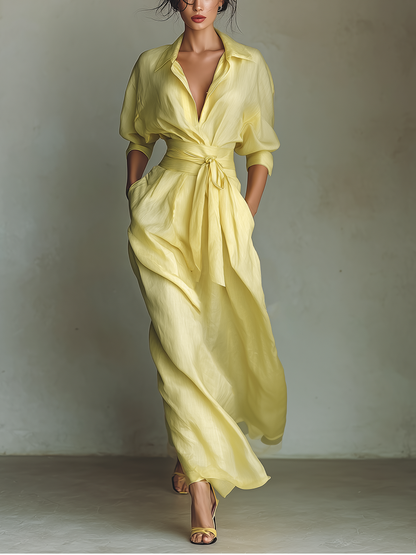 Long lemon yellow cotton-linen blend shirt dress with a tie waist and mid-length sleeves