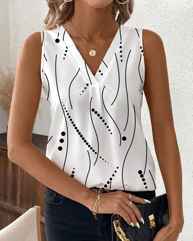 Gilet plissé sans manches à imprimé, col en V