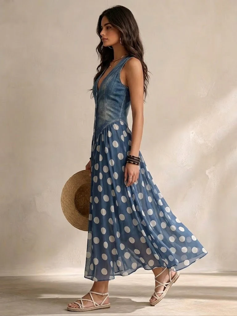 Robe en jean sans manches décontractée et élégante avec empiècements en mousseline à pois