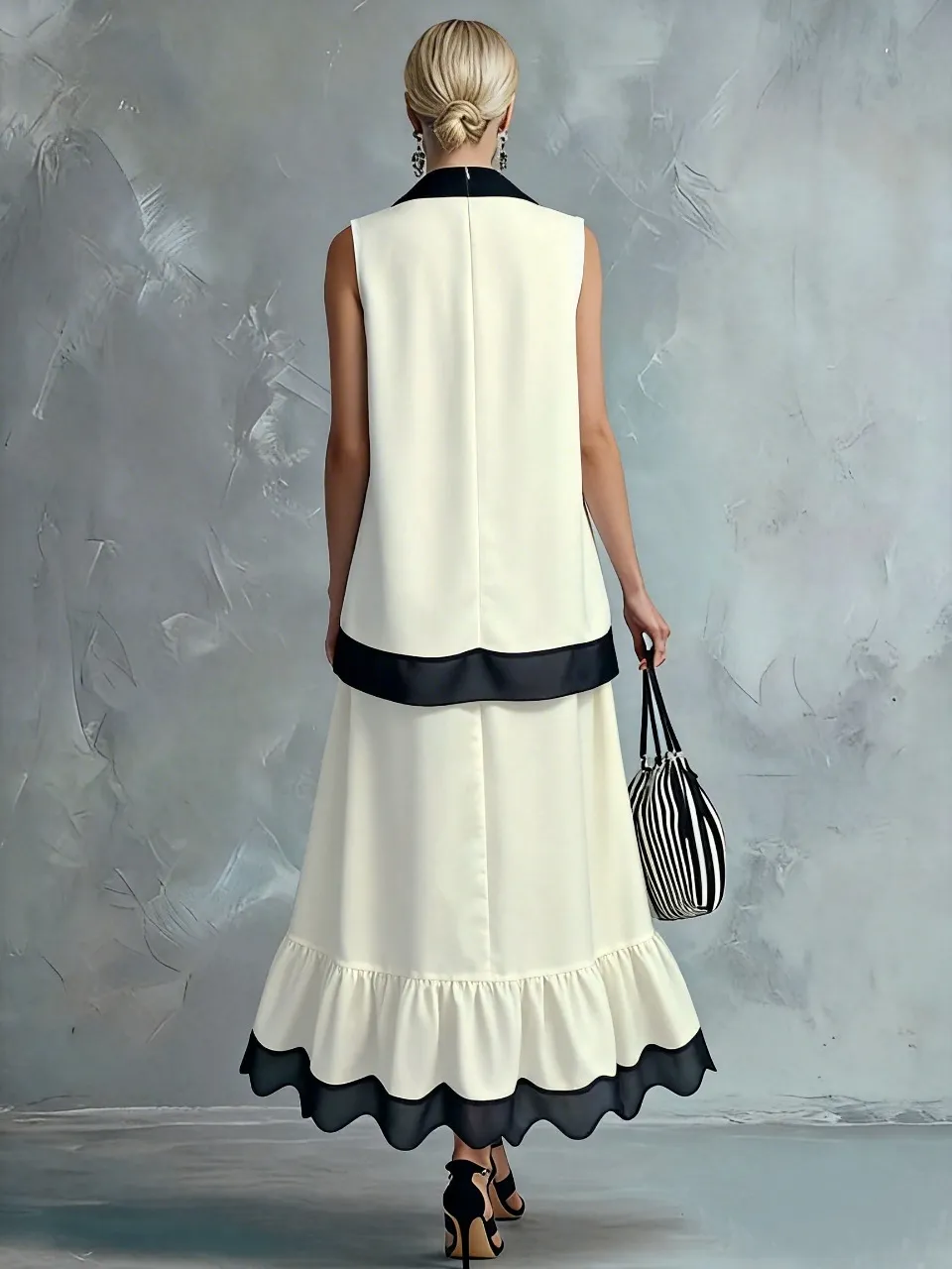 Ensemble long deux pièces étagé noir et blanc élégant