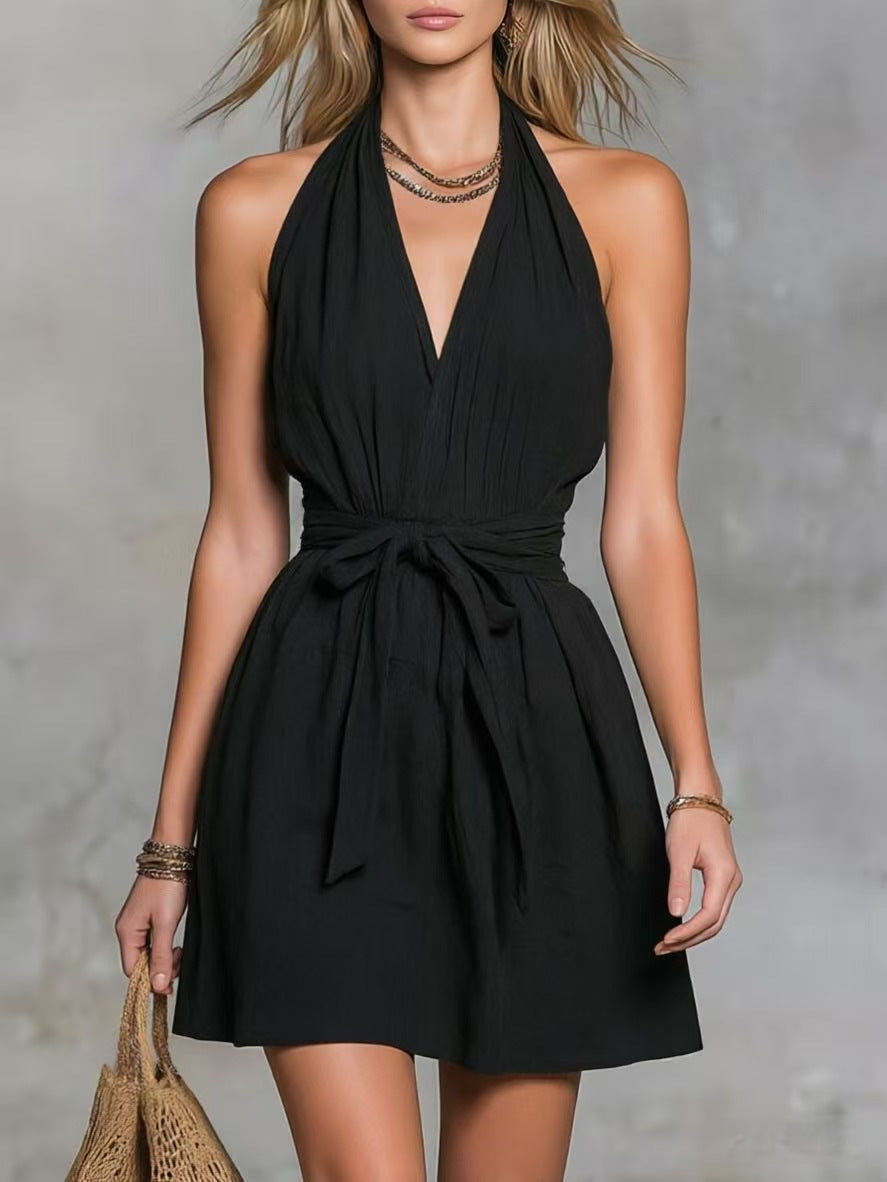 Robe décontractée pour femme avec col licou, col en V et taille nouée, idéale pour les vacances