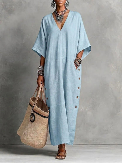Robe Tunique Longue en Lin Naturel avec Col en V, Manches Chauve-souris et Fente Boutonnée sur le Côté