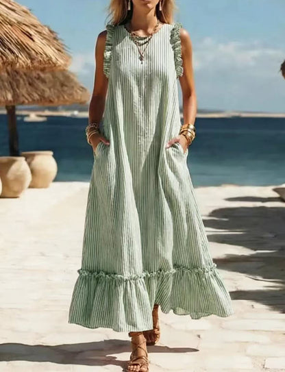 🌊 Robe longue à rayures et volants « Côté mer »