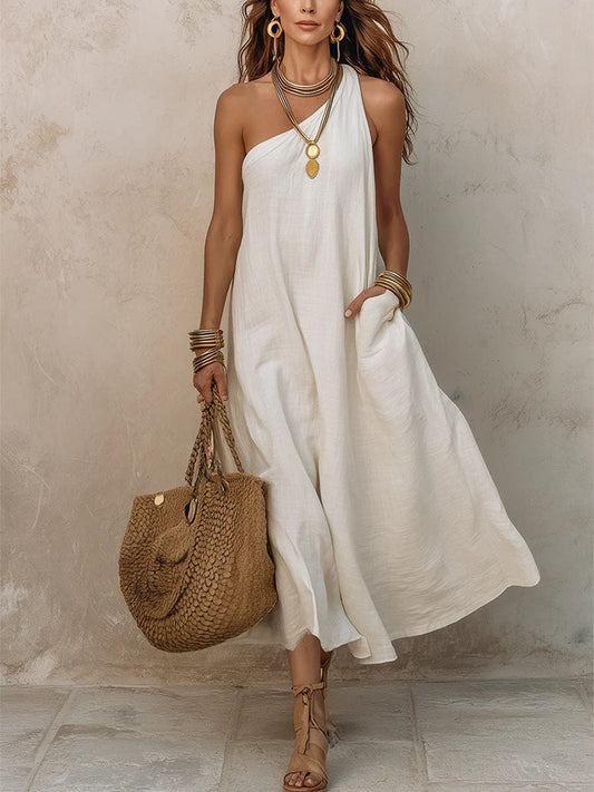 Robe femme sans manches en coton et lin à épaules dénudées
