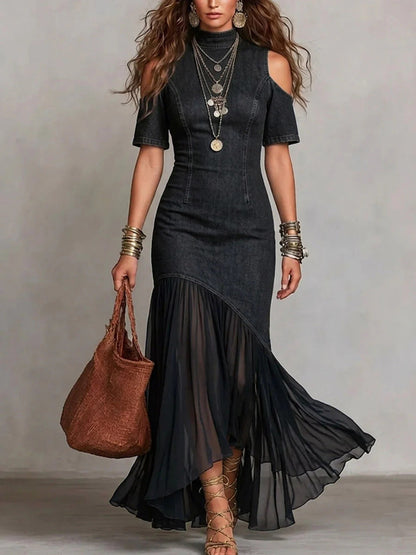 Robe midi à épaules dénudées avec ourlet en maille – Robe moulante à manches courtes