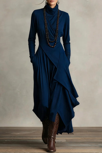 Robe longue décontractée unie à col montant, manches longues et ourlet asymétrique
