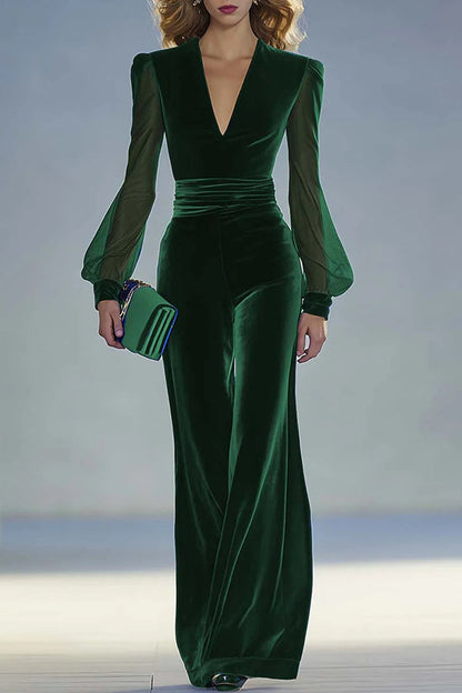 Robe ajustée élégante en velours uni à col V et manches longues