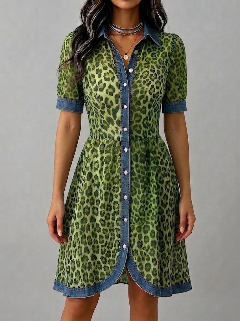 Robe chic décontractée en mousseline et denim à imprimé léopard