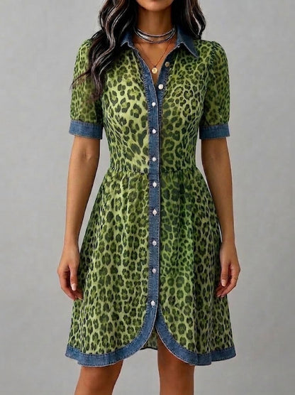 Robe chic décontractée en mousseline et denim à imprimé léopard