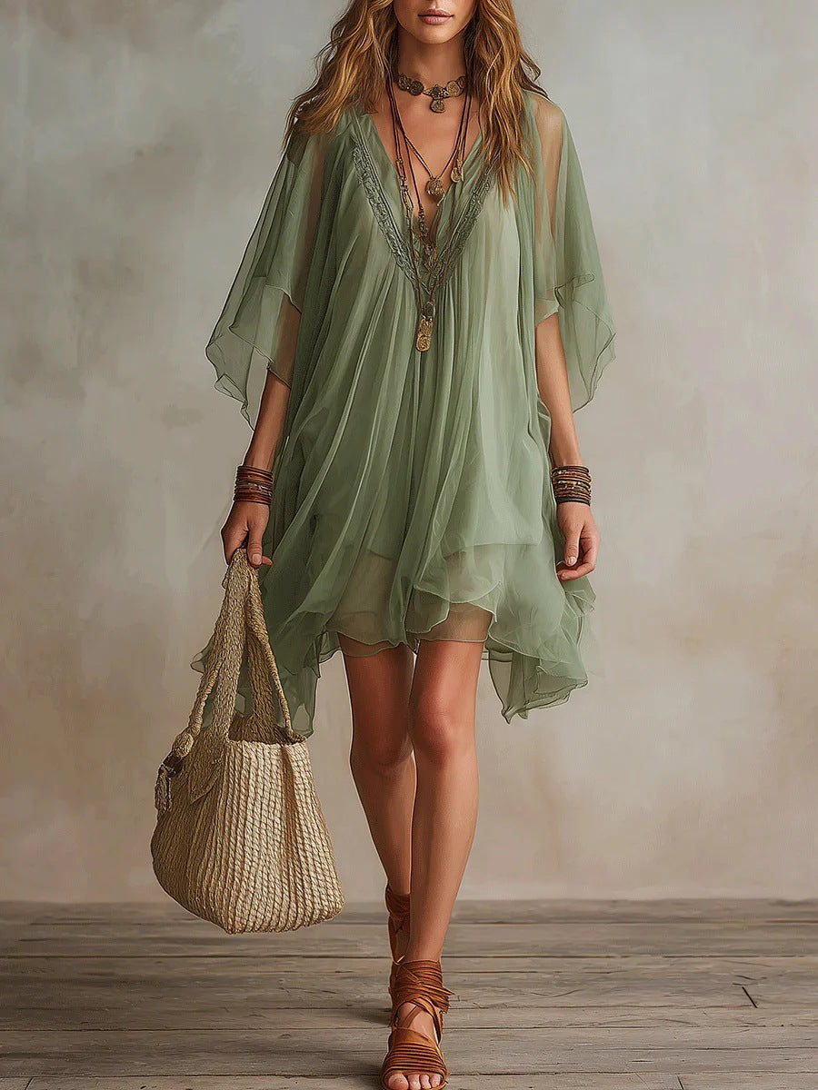 Robe 2 pièces en mousseline à col en V, style décontracté, pour les vacances à la mer, chemisier ample et jupe de plage