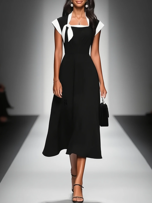 Robe mi-longue à encolure carrée, manches courtes et empiècements colorés pour femme