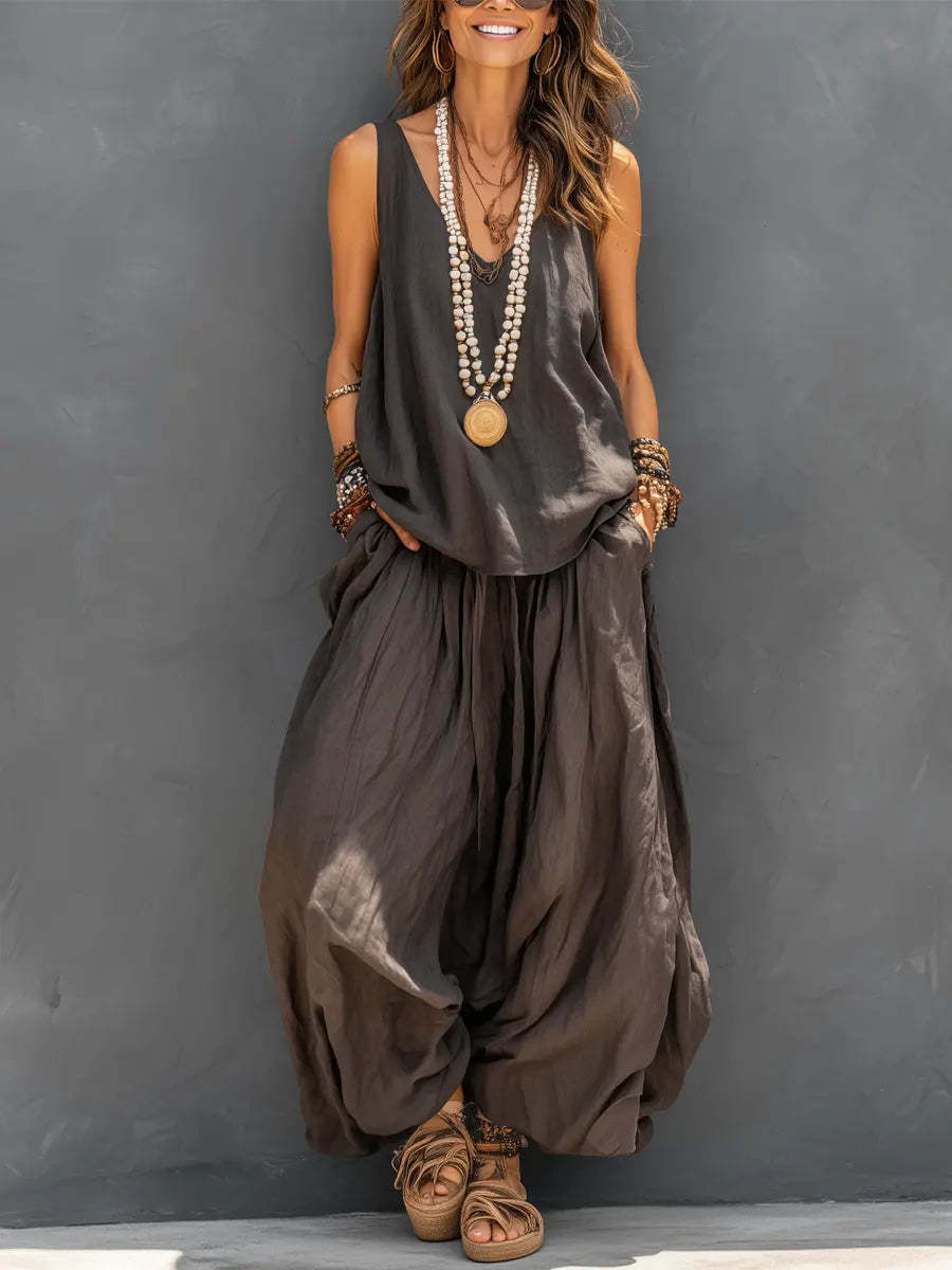 Linen V-Neck Sleeveless Top and Wide-Leg Pants Set