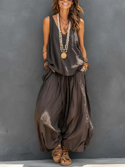 Linen V-Neck Sleeveless Top and Wide-Leg Pants Set