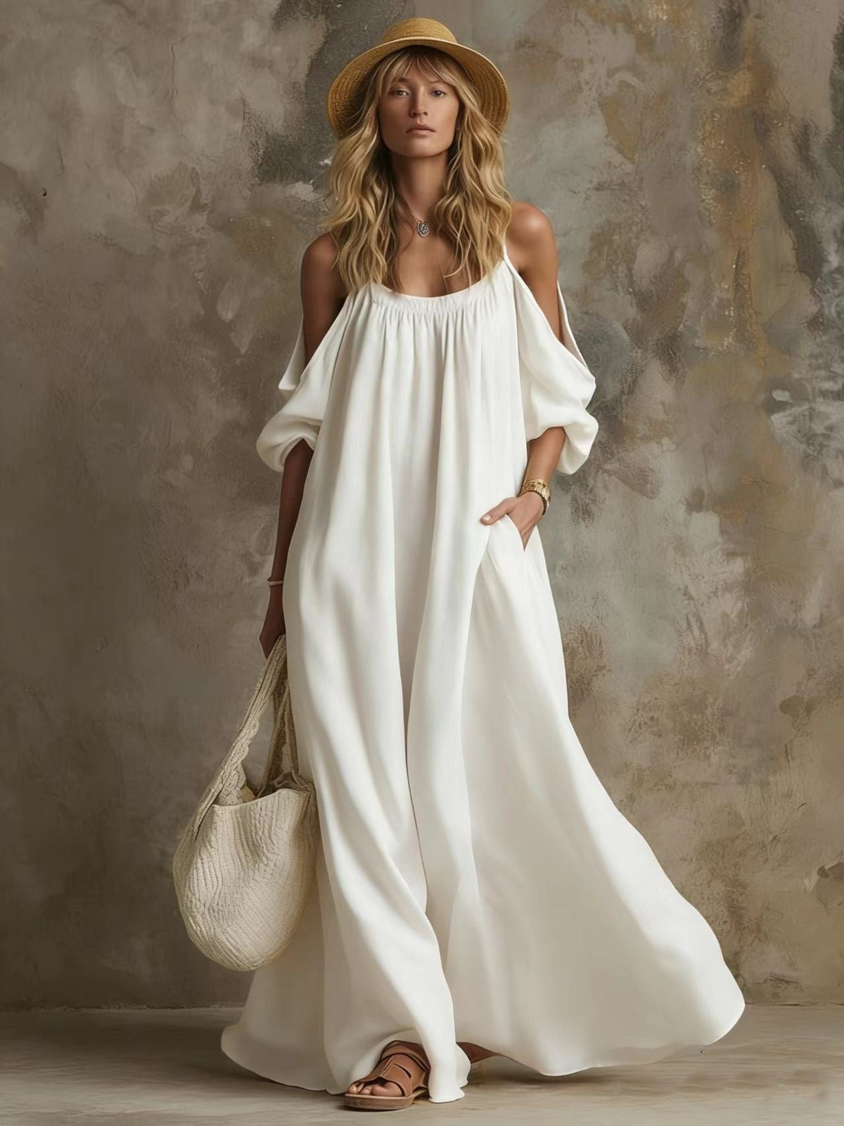 Robe longue caftan fluide blanche à manches bouffantes épaules dénudées avec poches