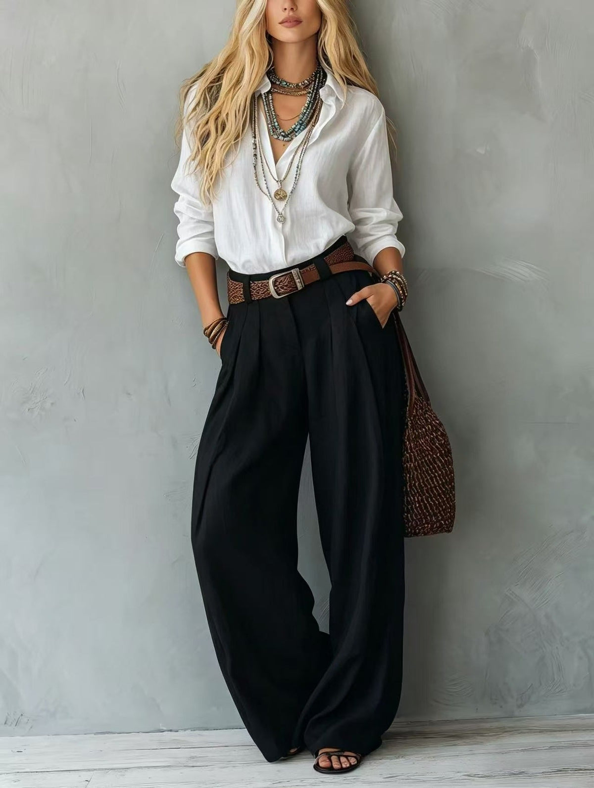 Ensemble deux pièces bohème chemise ample en lin bleu marine et pantalon large plissé en lin beige