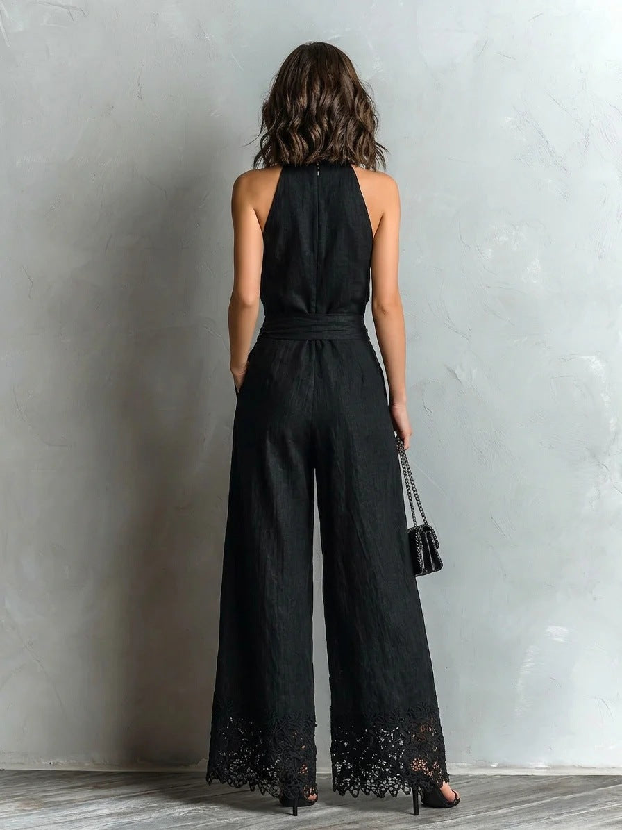 Ensemble gilet noir effet coton-lin à col montant et pantalon large orné de dentelle à nouer