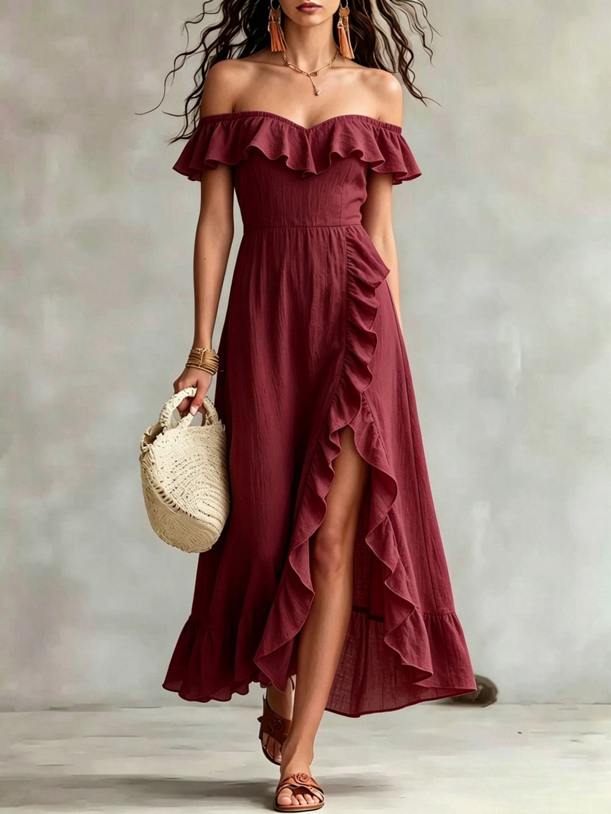 Robe longue fluide d'été en coton à épaules dénudées, à volants et froncée pour femme