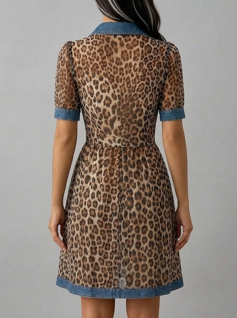Robe chic décontractée en mousseline et denim à imprimé léopard