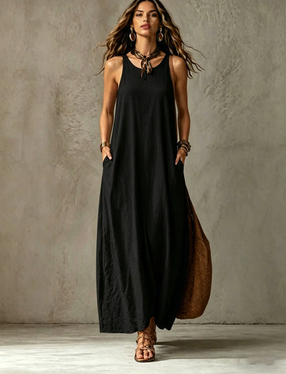 Robe longue texturée sans manches à encolure ronde et poches, coupe tente